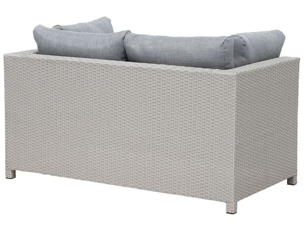5 delt hagesofasett beige med grå puter 4 personer Loveseat lenestoler salongbord ottomansk vinterhage uteplass