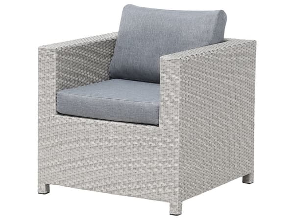 5 delt hagesofasett beige med grå puter 4 personer Loveseat lenestoler salongbord ottomansk vinterhage uteplass