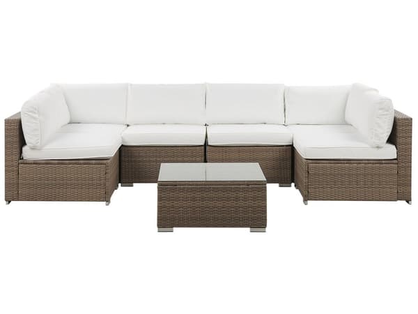 Utendørs loungesett Brun Imitert rotting 6-seters modulsofa Hvite puter Salongbord Moderne design Hagemøbler