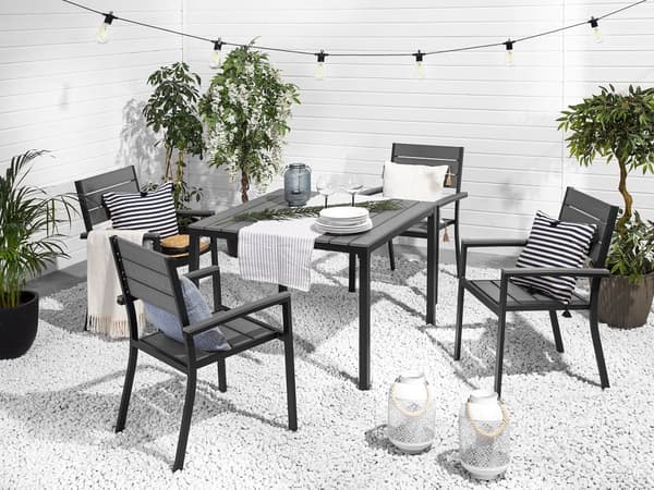 5-delers uteserveringssett grå 4-seters bordstoler med lamelldesign