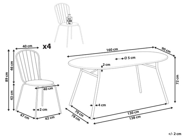 Utendørs spisegruppe lyseblå 4-seters metall 160 x 90 cm bord med parasollhull