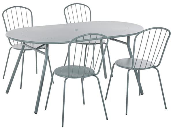Utendørs spisegruppe lyseblå 4-seters metall 160 x 90 cm bord med parasollhull