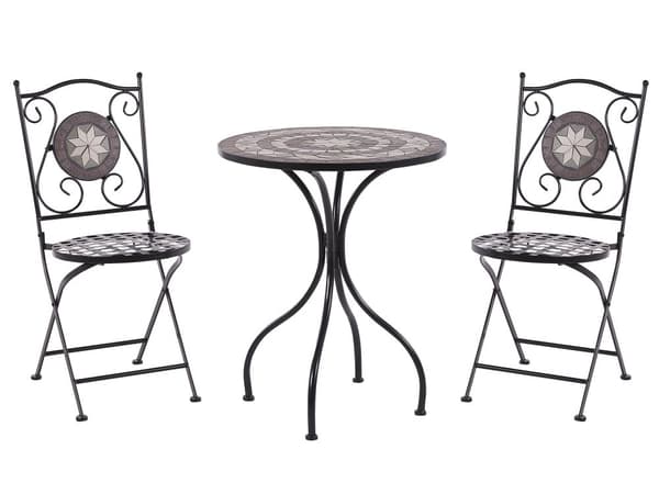 Hage Bistrosett Metall Svart Bord og Sammenleggbare Stoler Mosaikkmønster Fliser Vintage Utendørs Hage Bistrosett Metall Svart Bord og Sammenleggbare Stoler Mosaikkmønster Fliser Vintage Utendørs
