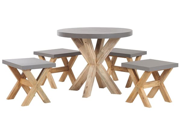 Utendørs spisegruppe Grå Betong Akasietre Rundt bord 4 krakker Moderne design Hagemøbler