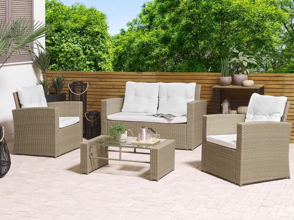 Sittegruppe Lysebrun Kunstrotting 2-seters sofa 2 lenestoler 1 sofabord Beige sitteputer Loungesett Hagemøbler Utendørs