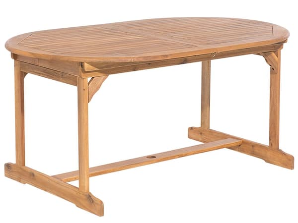 Utendørs spisesett i lyst akasietre med taupe puter 8-seters bord sammenleggbare stoler Rustikk design