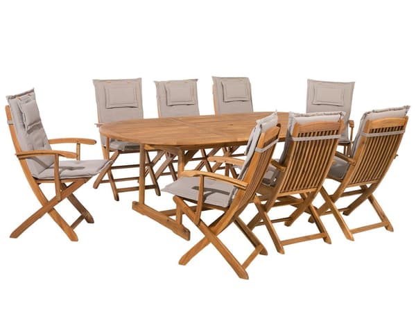 Utendørs spisesett i lyst akasietre med taupe puter 8-seters bord sammenleggbare stoler Rustikk design