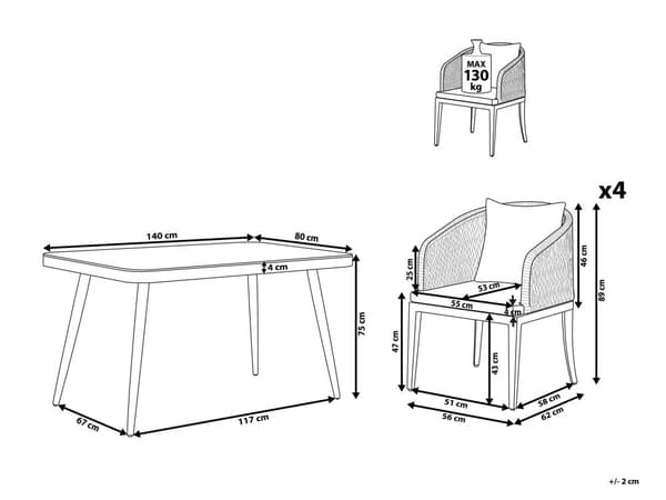 Hagespisesett med 4 Sitteplasser Grå Metall Aluminium Matt Finish Utendørs Bord 4 Stoler Puter Moderne