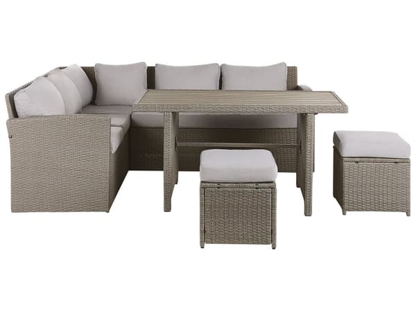 Hagesett Taupe Grå Kunstrotting 5-seters hjørnesofa 2 puffer 1 bord UV-bestandige sitteputer med avtakbare trekk Hagemøbler Loungegruppe