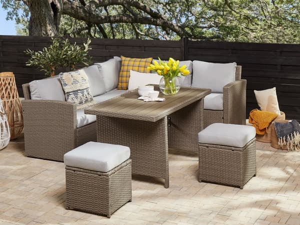 Hagesett Taupe Grå Kunstrotting 5-seters hjørnesofa 2 puffer 1 bord UV-bestandige sitteputer med avtakbare trekk Hagemøbler Loungegruppe
