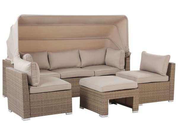 Utendørs loungesett Beige Lysebrun PE Rotting Sofa med baldakin Fotskammel Stoler Puter Moderne Hage Terrasse