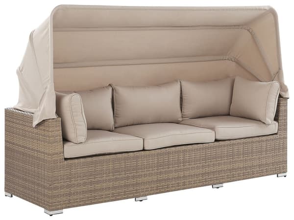 Utendørs loungesett Beige Lysebrun PE Rotting Sofa med baldakin Fotskammel Stoler Puter Moderne Hage Terrasse