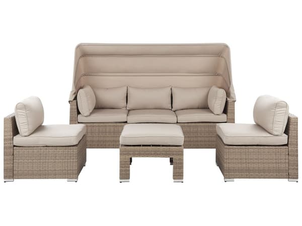 Utendørs loungesett Beige Lysebrun PE Rotting Sofa med baldakin Fotskammel Stoler Puter Moderne Hage Terrasse