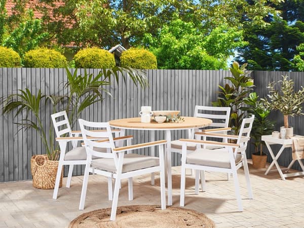 Møbelgruppe Hvit Aluminium 105 cm 4-Seter Rundt bord Spaltestoler med beige sitteunderlag