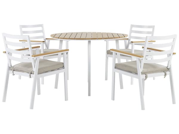 Møbelgruppe Hvit Aluminium 105 cm 4-Seter Rundt bord Spaltestoler med beige sitteunderlag