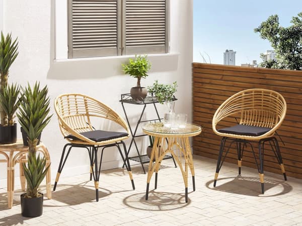 3-delt bistrosett Naturfarget imitert rotting Svart metallben Beige puter Sofabord Hærdet glassplate Moderne Boho Hage Balkong