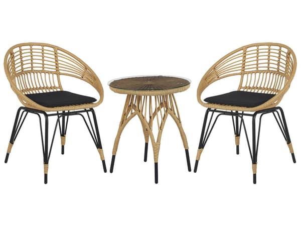 3-delt bistrosett Naturfarget imitert rotting Svart metallben Beige puter Sofabord Hærdet glassplate Moderne Boho Hage Balkong