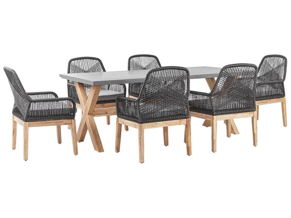 Utendørs spisegruppe Grå Svart Bord i betong 6 flettede stoler Sitteputer Moderne design Hagemøbler