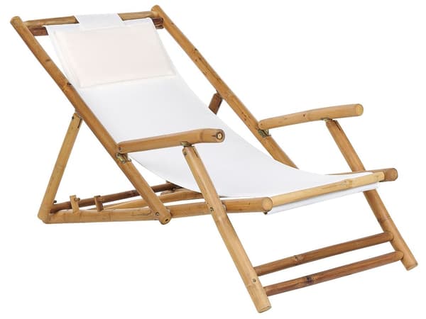 Sett med 2 solstoler og 1 bord Beige Bambustre Sammenleggbare stoler Sidebord Utendørs Hage Balkong Moderne Boho