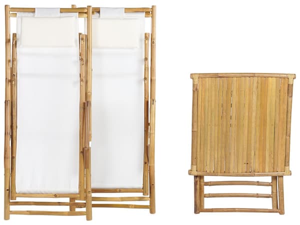 Sett med 2 solstoler og 1 bord Beige Bambustre Sammenleggbare stoler Sidebord Utendørs Hage Balkong Moderne Boho