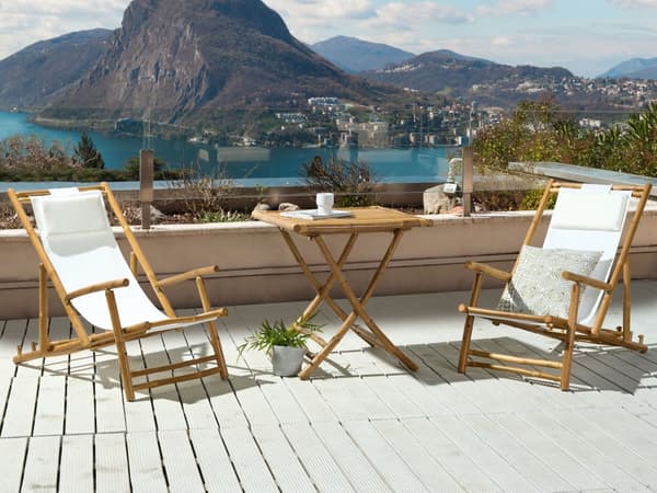 Sett med 2 solstoler og 1 bord Beige Bambustre Sammenleggbare stoler Sidebord Utendørs Hage Balkong Moderne Boho
