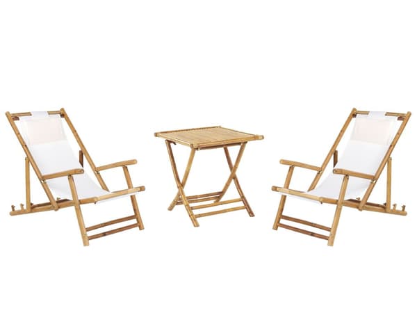 Sett med 2 solstoler og 1 bord Beige Bambustre Sammenleggbare stoler Sidebord Utendørs Hage Balkong Moderne Boho