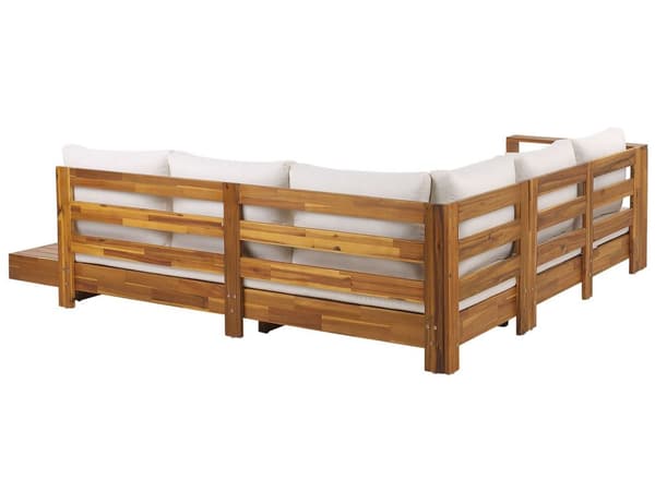 Loungesett Hvit Sertifisert Akasietre 5-seter Modulær L-formet Høyrevendt Hagesofa med sidebord Hvite puter Utemøbler Hage Terrasse