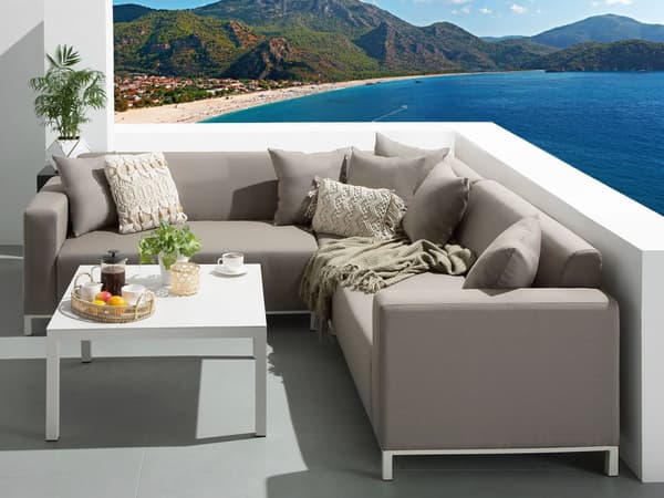 Loungesæt Beige Hvid Polyester Aluminium 5 Personers Udendørs Designsofa med Sofabord til Terrasse Havesofa med Hynder Puder Vandtæt