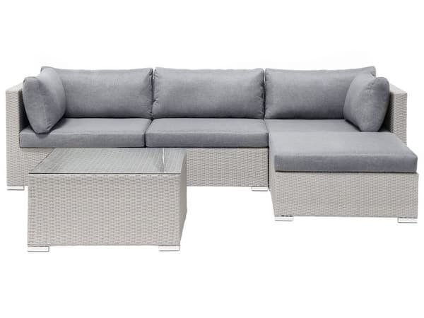 Loungesæt Grå Rattan 4 Personers Udendørs Lounge Havesofa Chaiselong med Bord Fodskammel til Terrasse med Hynder Vandtæt Aftagelige Betræk