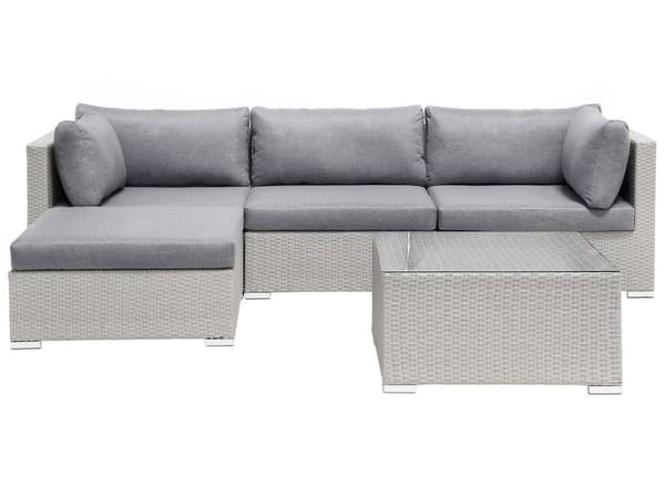 Loungesæt Grå Rattan 4 Personers Udendørs Lounge Havesofa Chaiselong med Bord Fodskammel til Terrasse med Hynder Vandtæt Aftagelige Betræk
