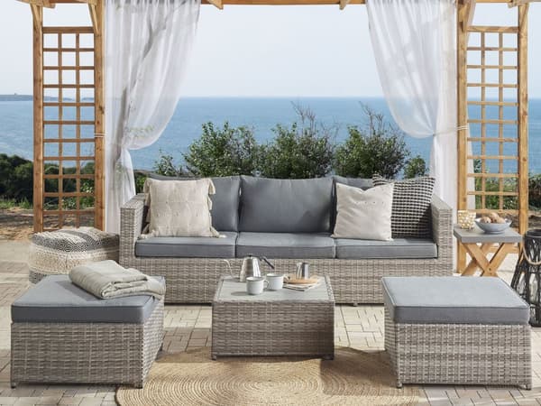 Loungesæt Grå PE Rattan 5 Personers Loungesofa med Justerbar Sæde Sovefunktion Vandtæt Hynder Udendørs til Haven Ottoman Fodskammel Højrevendt