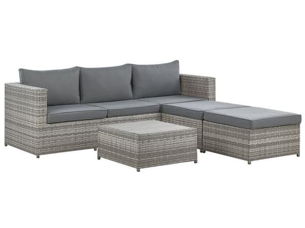 Loungesæt Grå PE Rattan 5 Personers Loungesofa med Justerbar Sæde Sovefunktion Vandtæt Hynder Udendørs til Haven Ottoman Fodskammel Højrevendt
