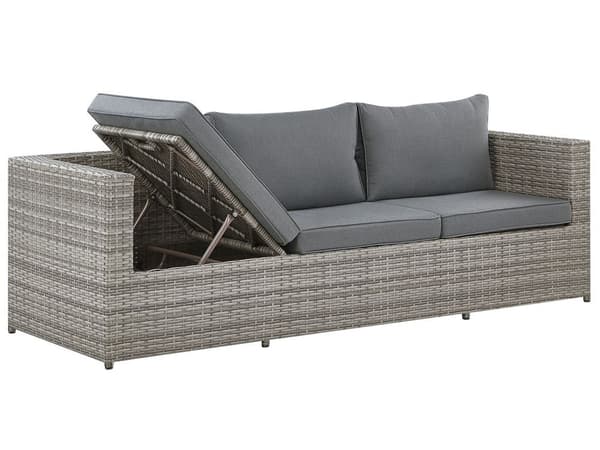 Loungesæt Grå PE Rattan 5 Personers Loungesofa med Justerbar Sæde Sovefunktion Vandtæt Hynder Udendørs til Haven Ottoman Fodskammel Højrevendt