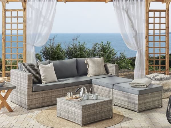 Loungesæt Grå PE Rattan 5 Personers Loungesofa med Justerbar Sæde Sovefunktion Vandtæt Hynder Udendørs til Haven Ottoman Fodskammel Højrevendt