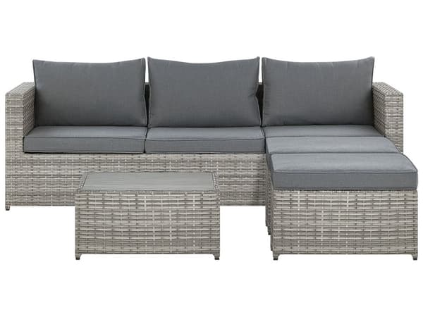 Loungesæt Grå PE Rattan 5 Personers Loungesofa med Justerbar Sæde Sovefunktion Vandtæt Hynder Udendørs til Haven Ottoman Fodskammel Højrevendt