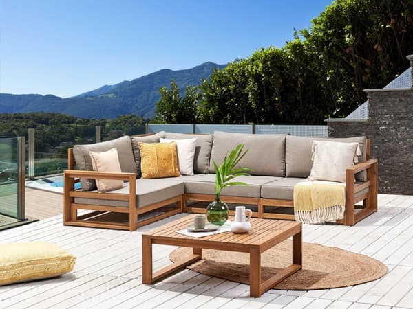 Loungesæt Lys Akacietræ Polyester 4 Personers Udendørs Hjørnesofa Modul Vandtætte Hynder Sofabord til Terrasse Have Indretning
