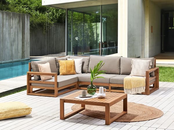 Loungesæt Lys Akacietræ Polyester 4 Personers Udendørs Hjørnesofa Modul Vandtætte Hynder Sofabord til Terrasse Have Indretning