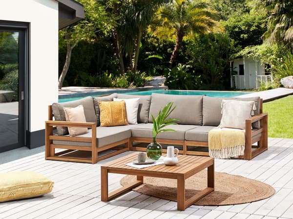Loungesæt Lys Akacietræ Polyester 4 Personers Udendørs Hjørnesofa Modul Vandtætte Hynder Sofabord til Terrasse Have Indretning