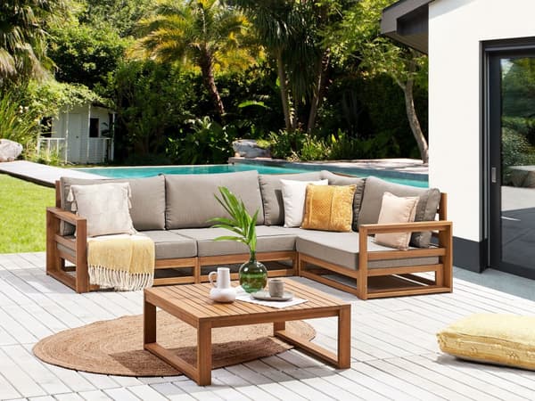 Loungesæt Lys Akacietræ Polyester 4 Personers Udendørs Hjørnesofa Modul Vandtætte Hynder Sofabord til Terrasse Have Indretning