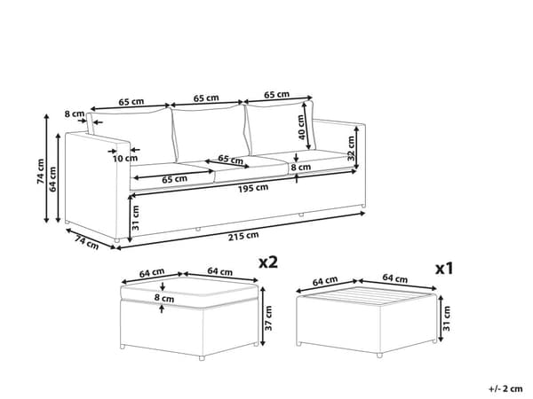 Hagesett med brune, hvite puter PE-rotting for 2 personer 3-delt utesett med sidebord