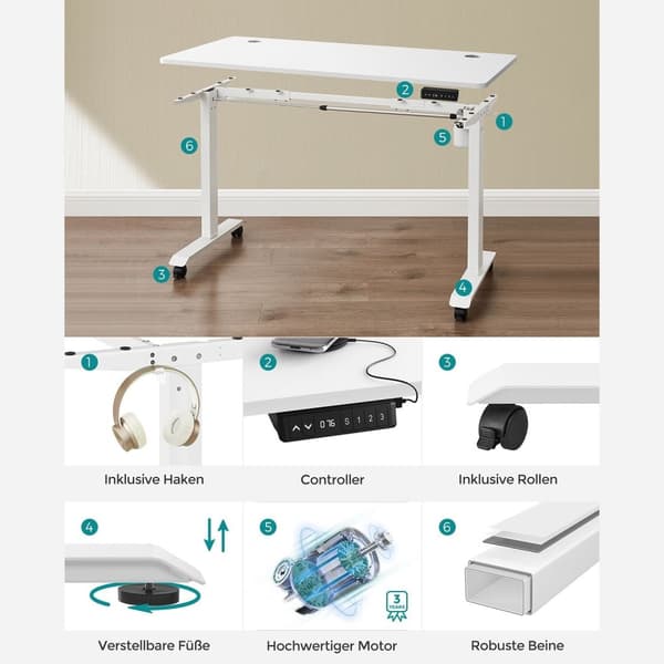 Elektrisk skrivebord - Sit Sta Desk - med oplader til telefonen - med hjul - Hvid