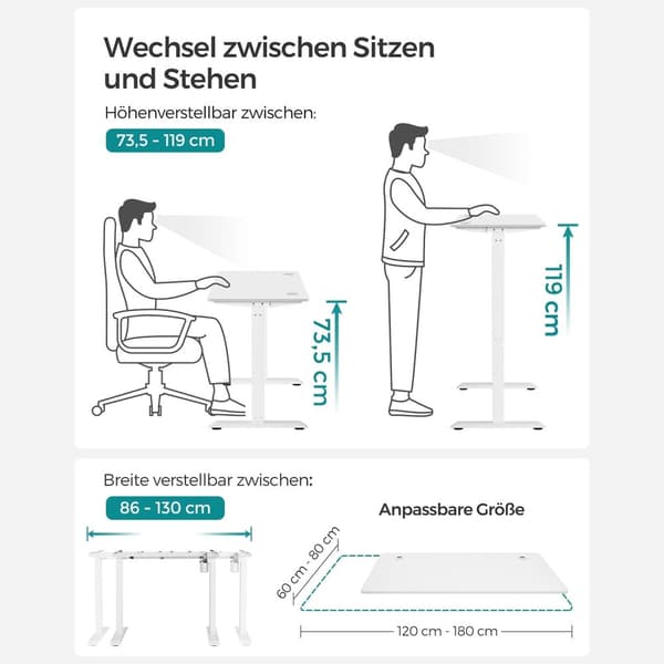Elektrisk skrivebord - Sit Sta Desk - med oplader til telefonen - med hjul - Hvid