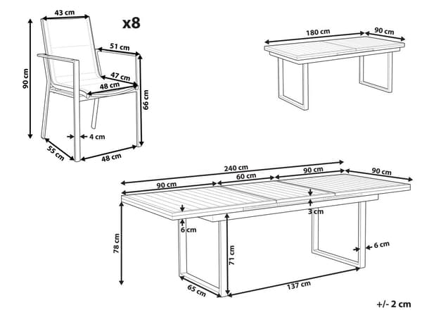 Havesæt Sort Grå Metal Polyester ø 180/240 cm Udendørs Havemøbelsæt 8 Personer Udtræksbord og Havestole Hynder Stabelstole Træ Armlæn Design
