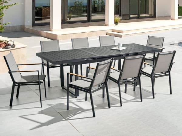 Havesæt Sort Grå Metal Polyester ø 180/240 cm Udendørs Havemøbelsæt 8 Personer Udtræksbord og Havestole Hynder Stabelstole Træ Armlæn Design