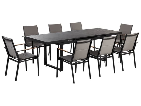 Havesæt Sort Grå Metal Polyester ø 180/240 cm Udendørs Havemøbelsæt 8 Personer Udtræksbord og Havestole Hynder Stabelstole Træ Armlæn Design