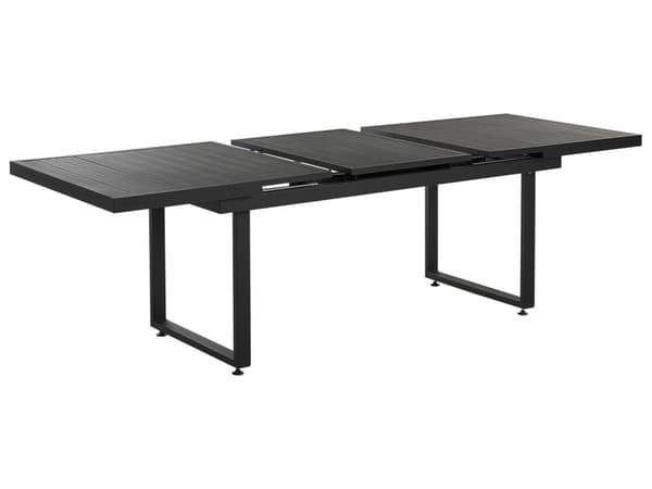 Havesæt Sort Metal ø 180/240 cm Udendørs Havemøbelsæt 6 Personer Udtræksbord og Havestole Hynder Stabelstole med Træ Armlæn Lamelryg Design