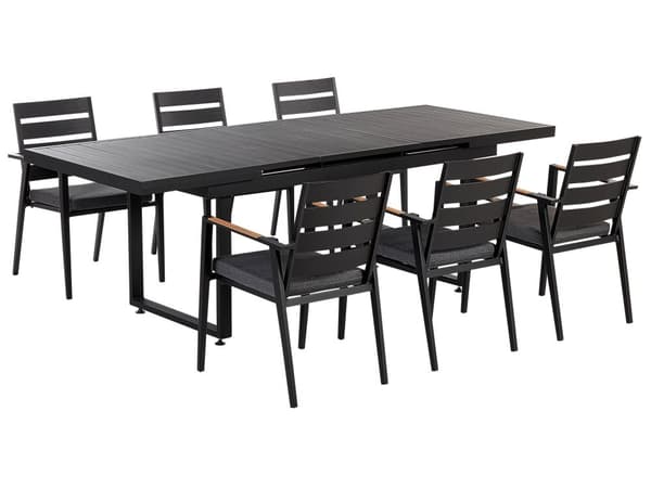 Havesæt Sort Metal ø 180/240 cm Udendørs Havemøbelsæt 6 Personer Udtræksbord og Havestole Hynder Stabelstole med Træ Armlæn Lamelryg Design