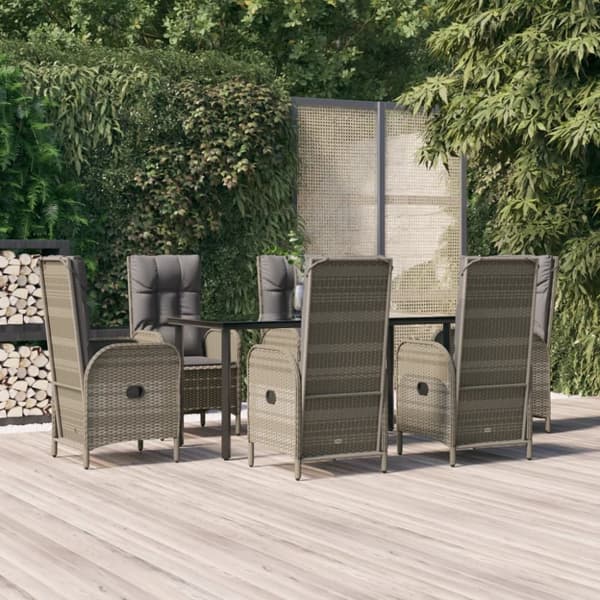 vidaXL spisebordssæt til haven 7 dele m. hynder polyrattan sort og grå