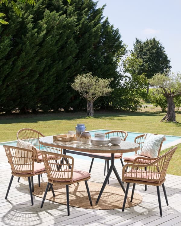 Utemöbelgrupp Rosa Konstrotting Glas 6-sits Matgrupp Trädgård Uteplats Boho