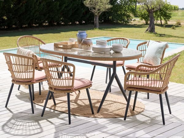 Utemöbelgrupp Rosa Konstrotting Glas 6-sits Matgrupp Trädgård Uteplats Boho